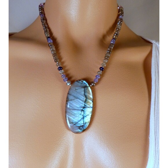 Spectrolite Labradorite Sapphire Tanzanite Sterling Silver Pendant Necklace - Picture 7 of 7